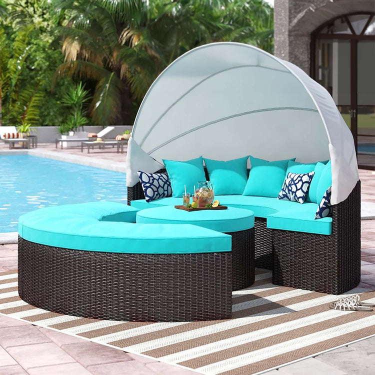 Quest Outdoor Patio Wicker Rattan Canopy Sectional Daybed - Espresso Turquoise