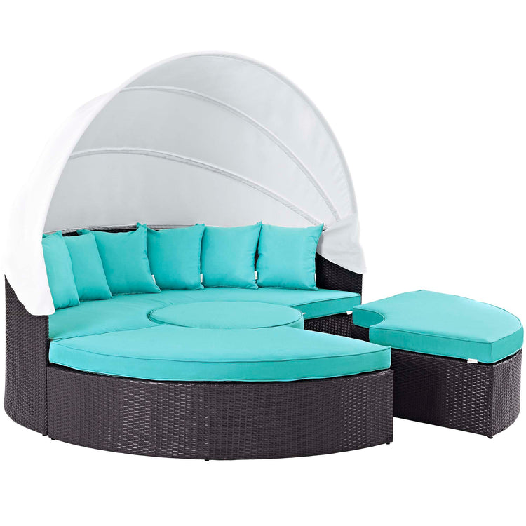 Quest Outdoor Patio Wicker Rattan Canopy Sectional Daybed - Espresso Turquoise
