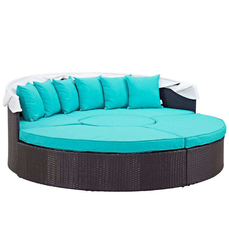 Quest Outdoor Patio Wicker Rattan Canopy Sectional Daybed - Espresso Turquoise