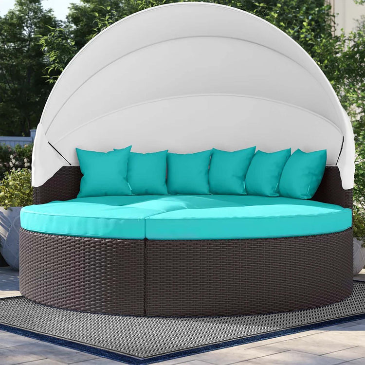 Quest Outdoor Patio Wicker Rattan Canopy Sectional Daybed - Espresso Turquoise