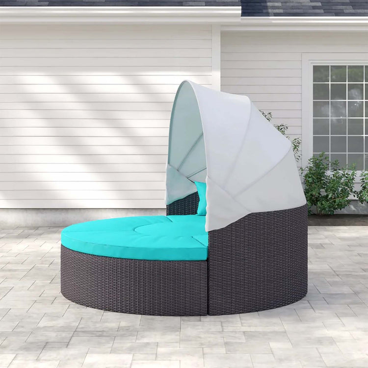 Quest Outdoor Patio Wicker Rattan Canopy Sectional Daybed - Espresso Turquoise