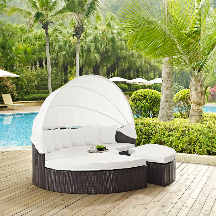 Quest Outdoor Patio Wicker Rattan Canopy Sectional Daybed - Espresso White