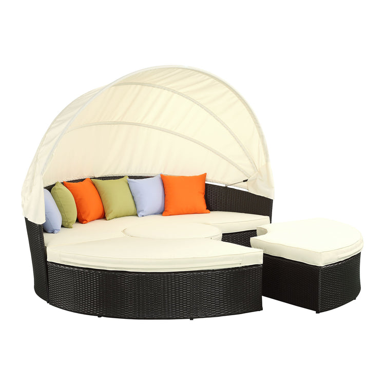 Quest Outdoor Patio Wicker Rattan Canopy Sectional Daybed - Espresso White
