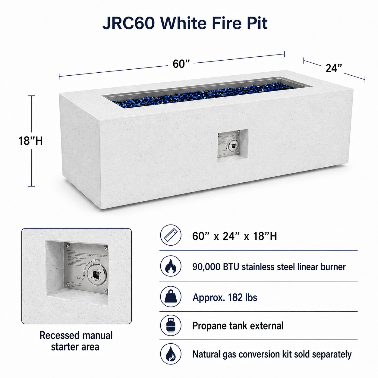JRC60 White 90k BTU JRC Concrete Fire Pit | Jr's Patio San Diego