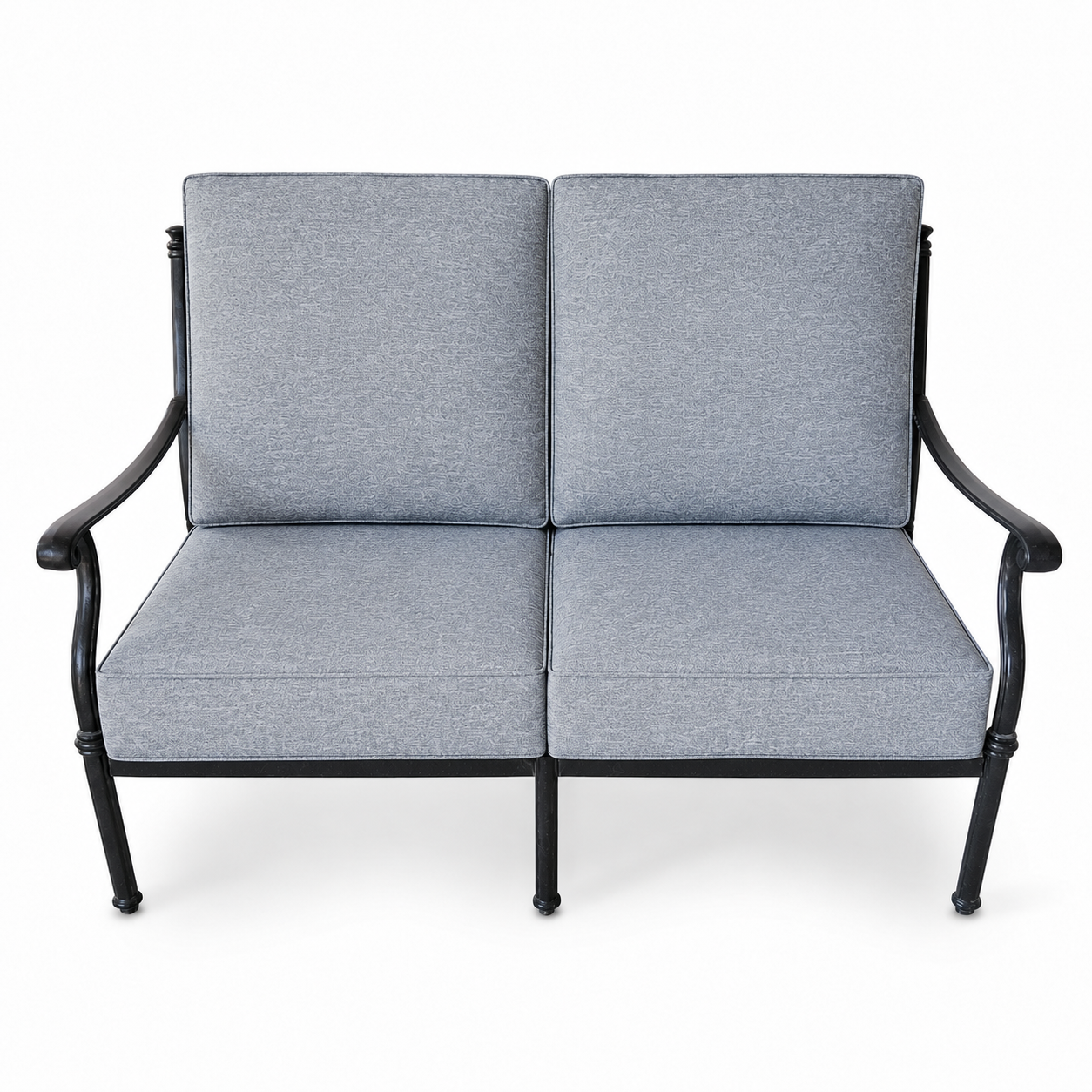 Cast aluminum outdoor loveseat with gray olefin cushions