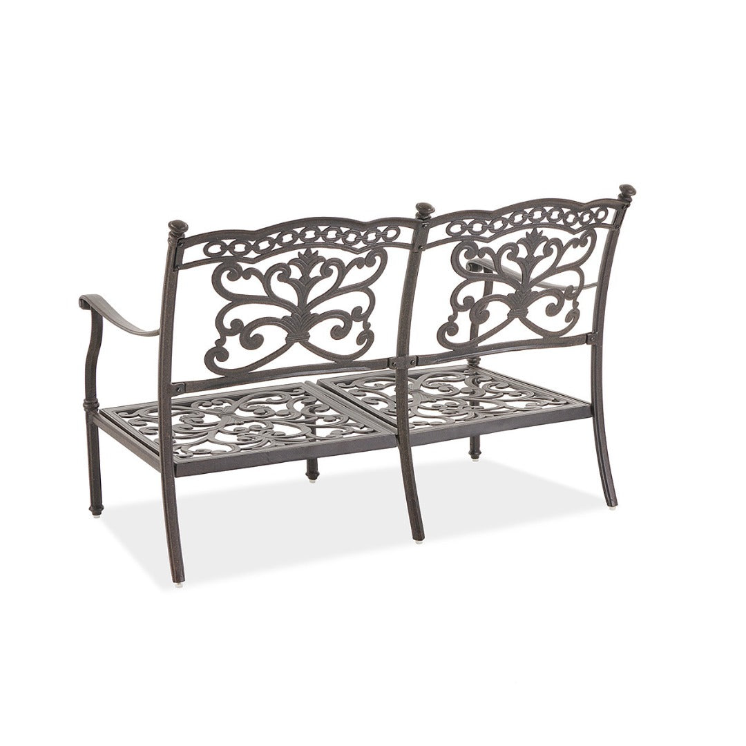 Cast aluminum outdoor loveseat with gray olefin cushions — frame detail 1