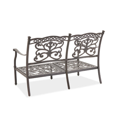 Cast aluminum outdoor loveseat with gray olefin cushions — frame detail 1