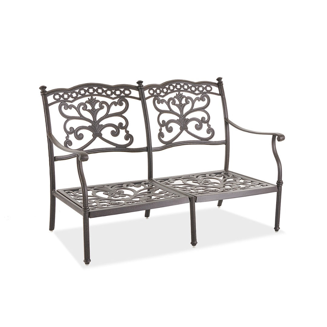 Cast aluminum outdoor loveseat with gray olefin cushions — frame detail 2