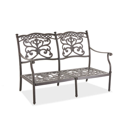 Cast aluminum outdoor loveseat with gray olefin cushions — frame detail 2
