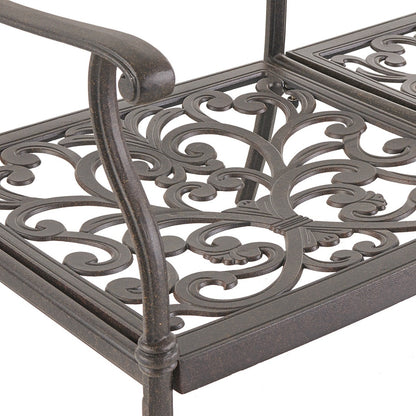 Cast aluminum outdoor loveseat with gray olefin cushions — frame detail 3