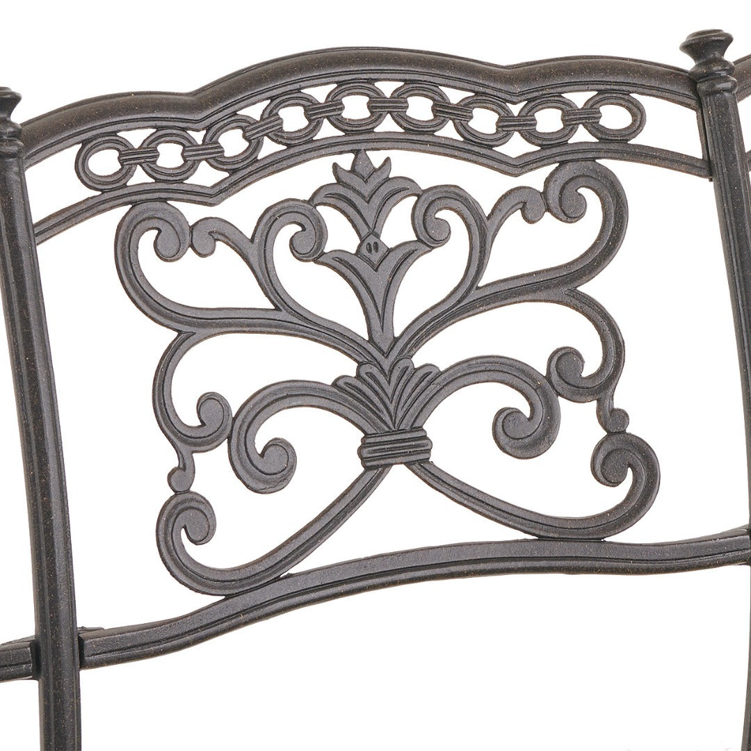 Cast aluminum outdoor loveseat with gray olefin cushions — frame detail 4