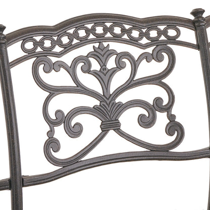 Cast aluminum outdoor loveseat with gray olefin cushions — frame detail 4