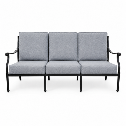 Cast aluminum outdoor sofa with gray olefin cushions