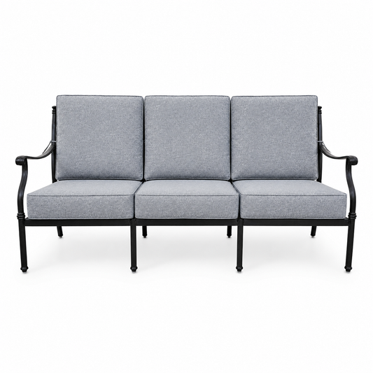 Cast aluminum outdoor sofa with gray olefin cushions
