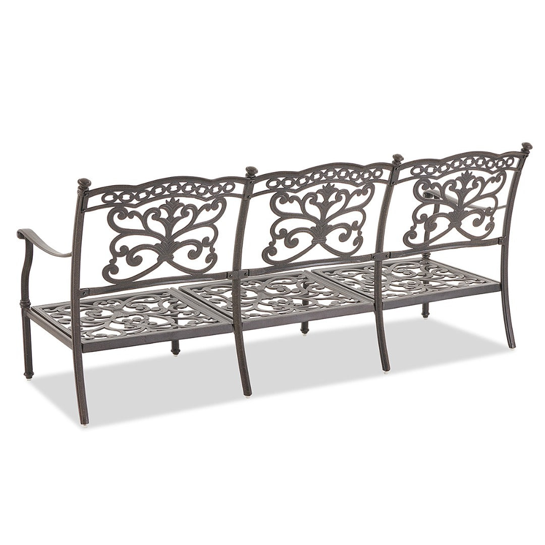 Cast aluminum outdoor sofa with gray olefin cushions — frame detail 1