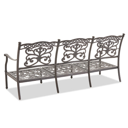Cast aluminum outdoor sofa with gray olefin cushions — frame detail 1