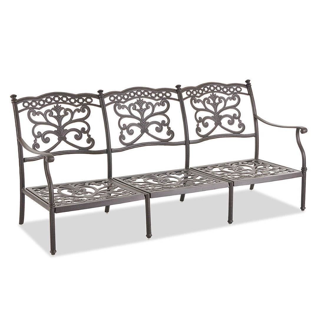 Cast aluminum outdoor sofa with gray olefin cushions — frame detail 2