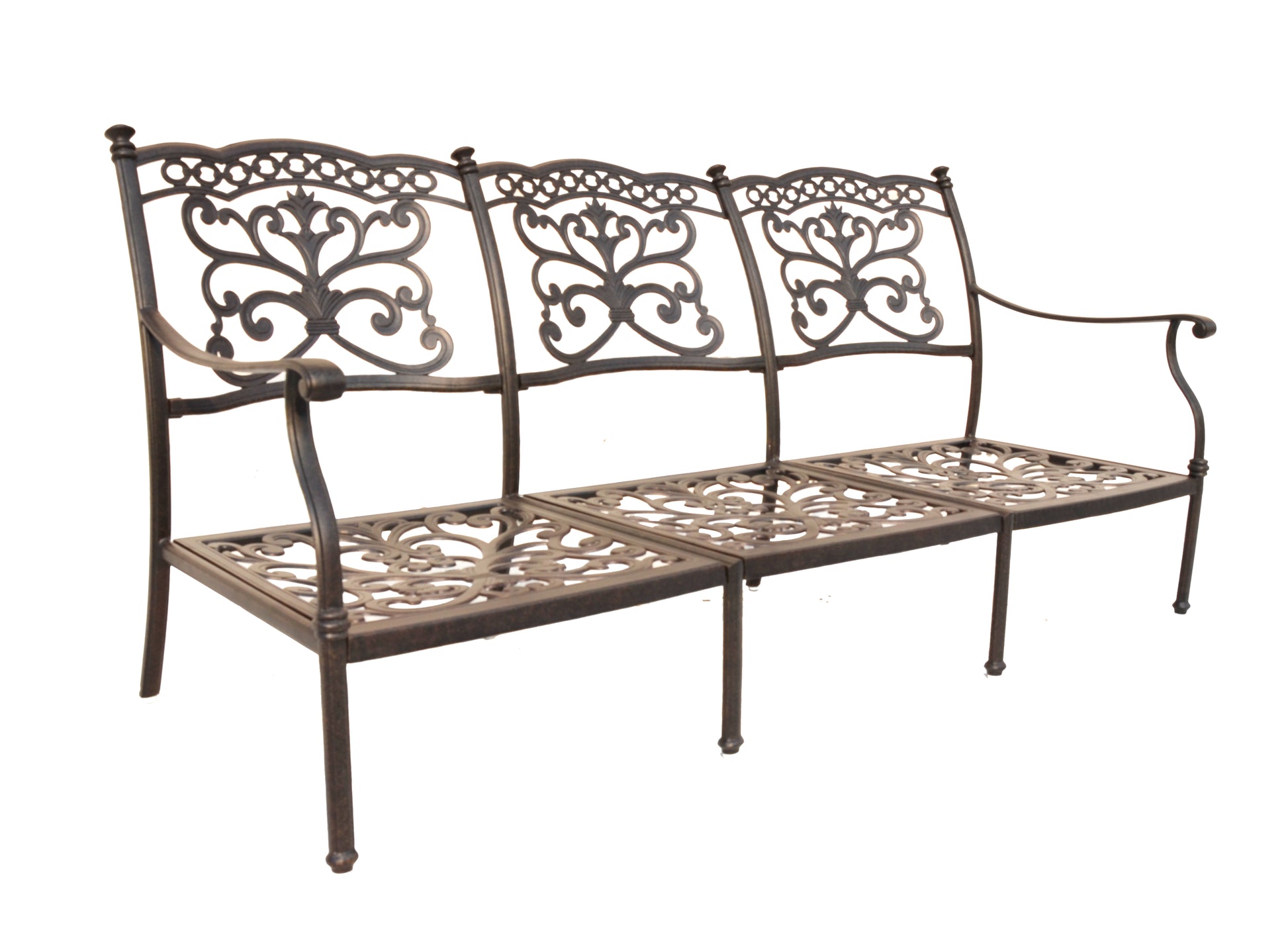 Cast aluminum outdoor sofa with gray olefin cushions — frame detail 5