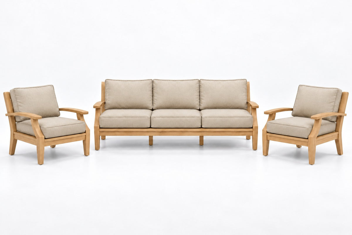 Mila Teak Outdoor Sofa Chat Set – 3 Piece in Olefin Beige | Jr's Patio San Diego