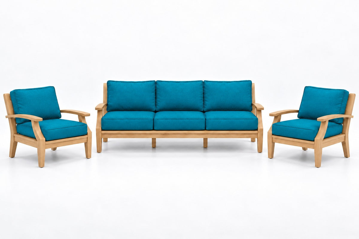 Mila Teak Outdoor Sofa Chat Set – 3 Piece in Olefin Blue & Green | Jr's Patio San Diego