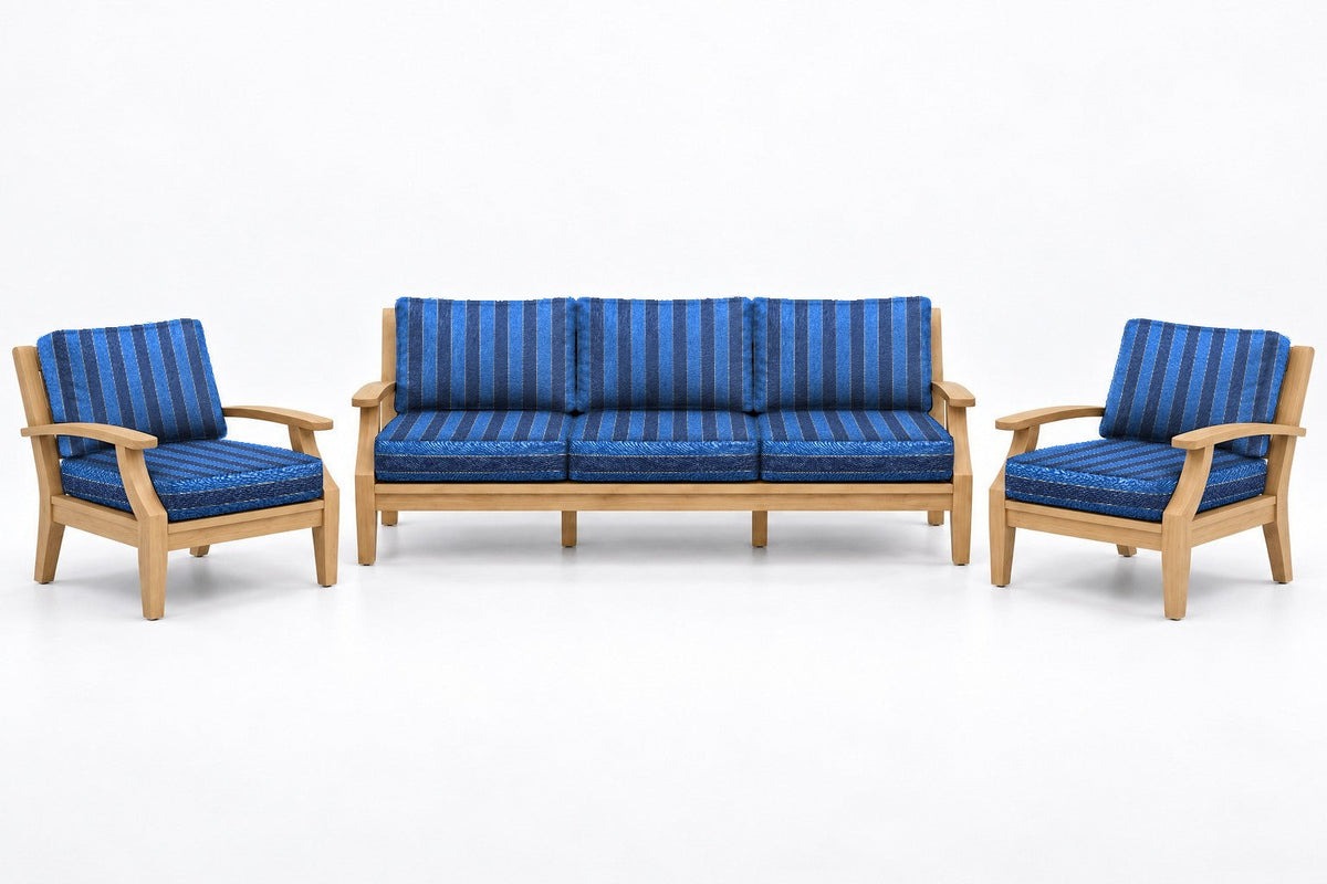 Mila Teak Outdoor Sofa Chat Set – 3 Piece in Olefin Blue Stripe | Jr's Patio San Diego
