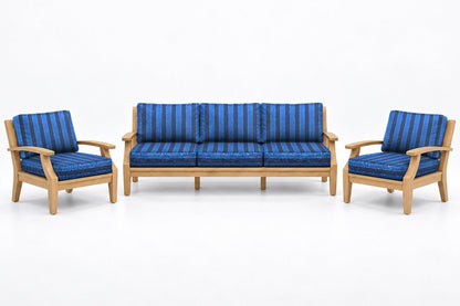 Mila Teak Outdoor Sofa Chat Set – 3 Piece in Olefin Blue Stripe | Jr's Patio San Diego