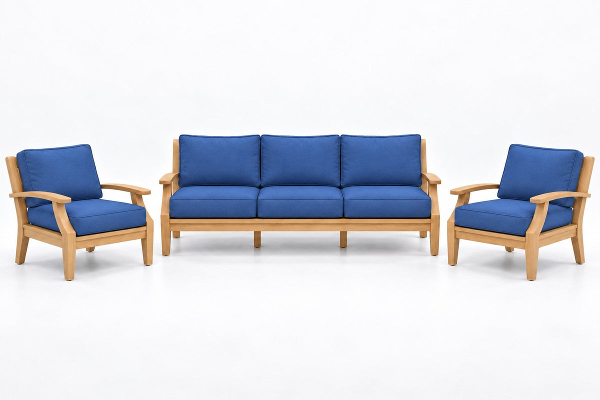Mila Teak Outdoor Sofa Chat Set – 3 Piece in Olefin Blue | Jr's Patio San Diego