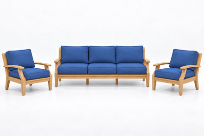 Mila Teak Outdoor Sofa Chat Set – 3 Piece in Olefin Blue | Jr's Patio San Diego