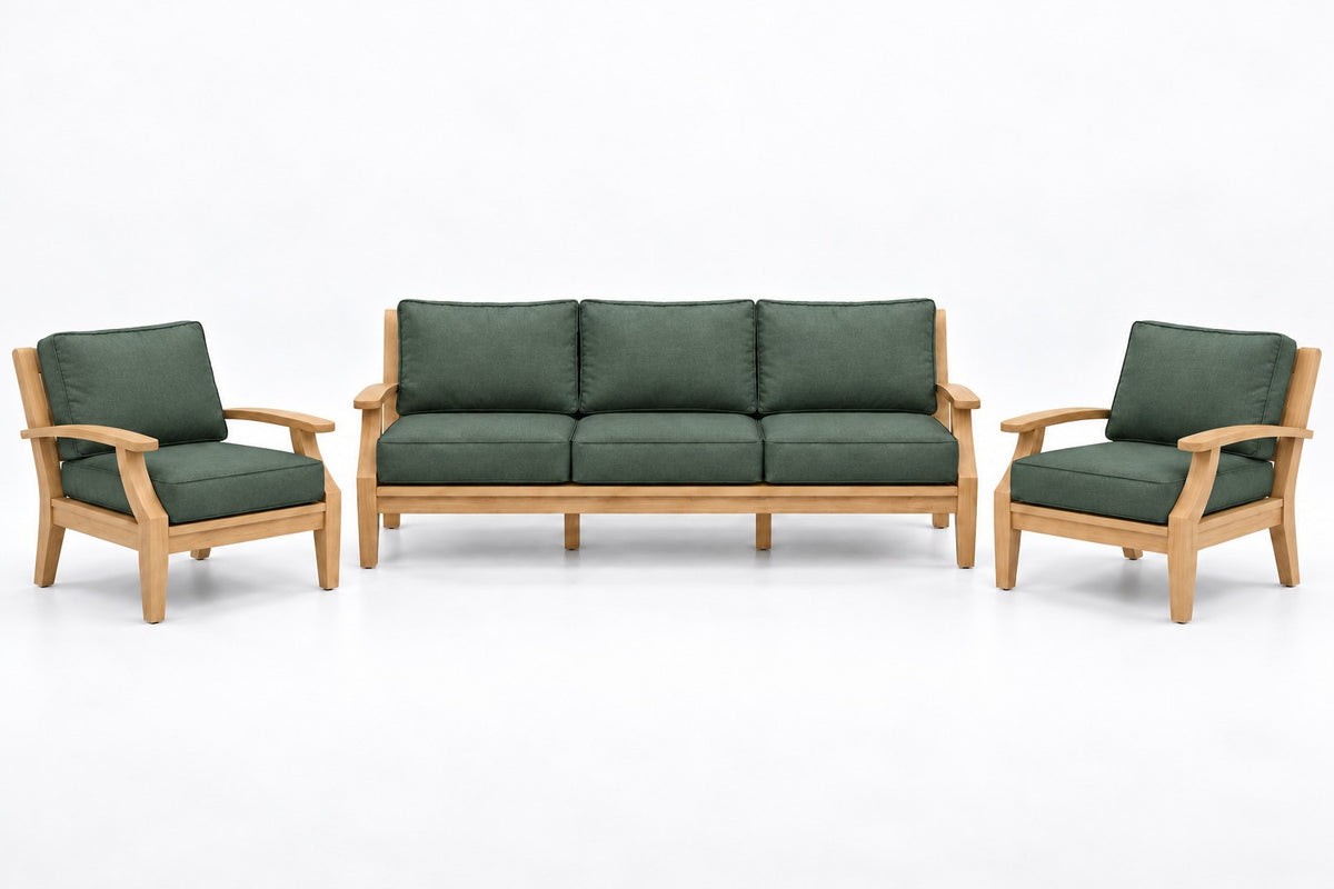 Mila Teak Outdoor Sofa Chat Set – 3 Piece in Olefin Dark Green | Jr's Patio San Diego