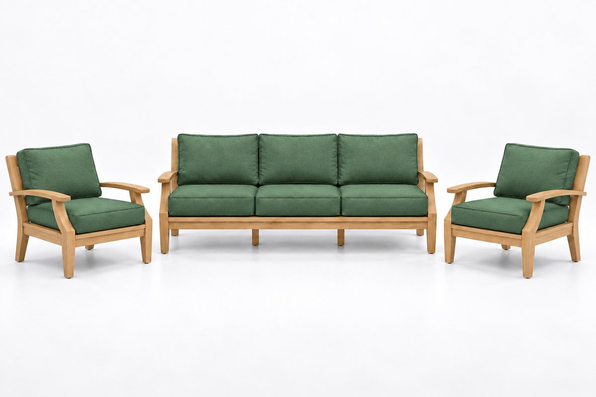 Mila Teak Outdoor Sofa Chat Set – 3 Piece in Olefin Green | Jr's Patio San Diego