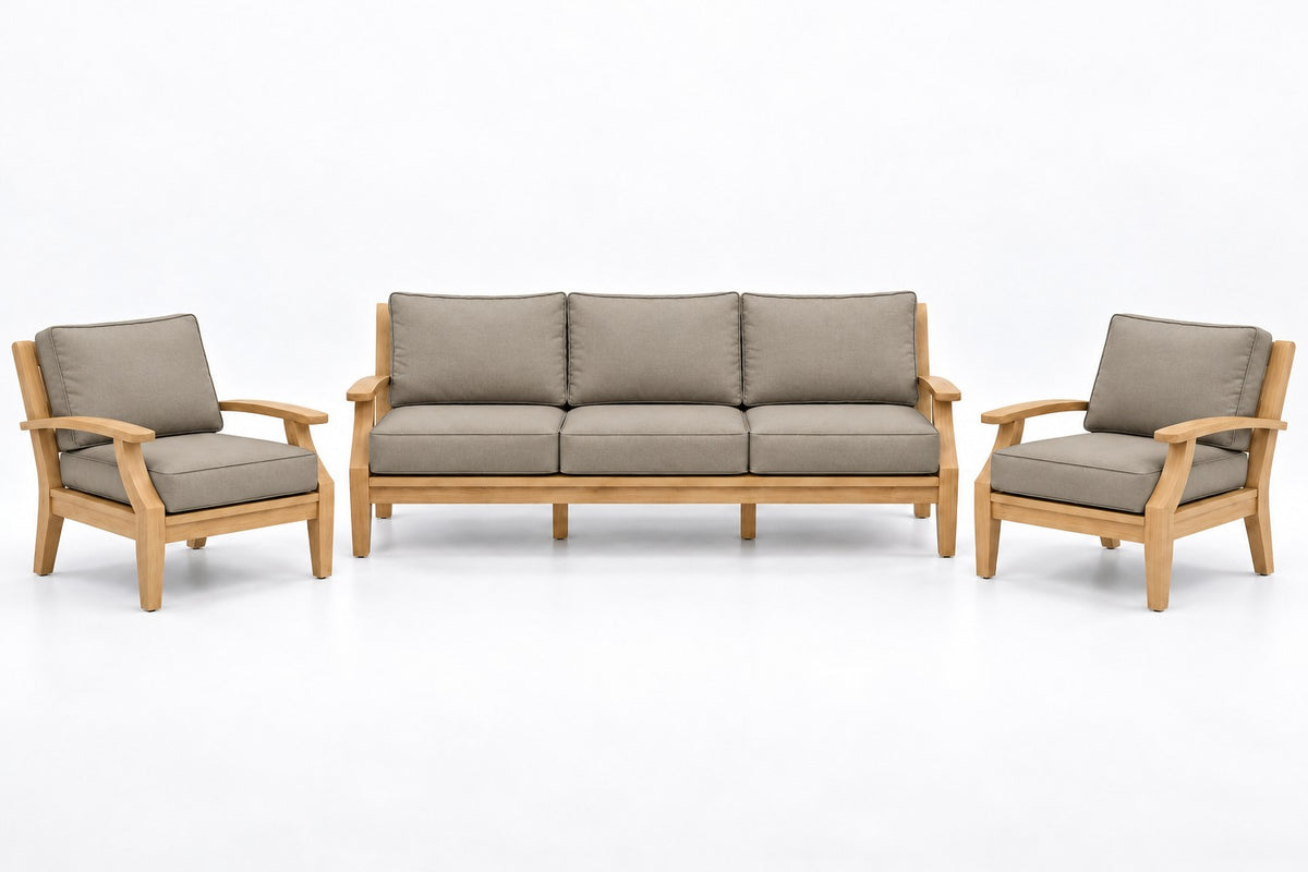 Mila Teak Outdoor Sofa Chat Set – 3 Piece in Olefin Tan & Brown | Jr's Patio San Diego