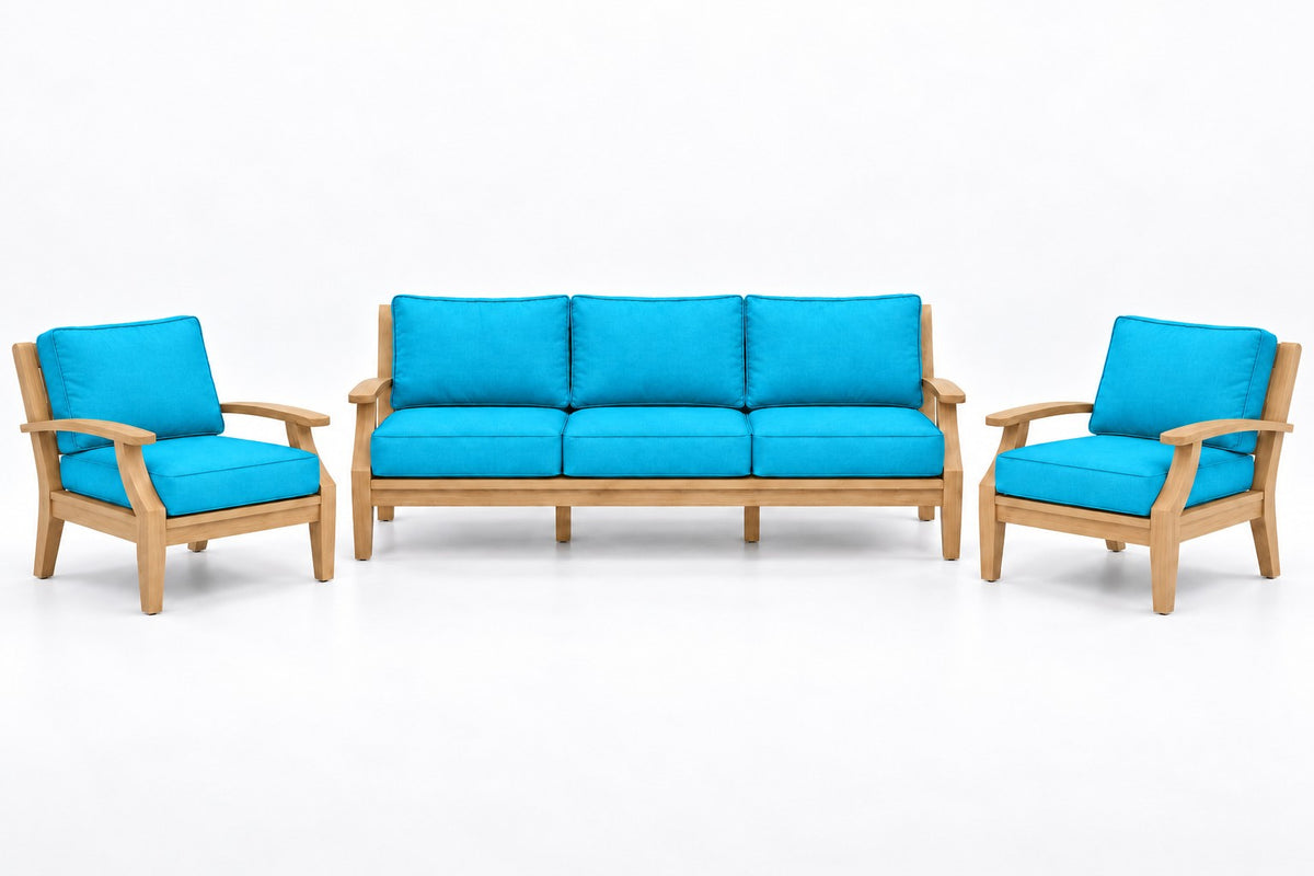 Mila Teak Outdoor Sofa Chat Set – 3 Piece in Olefin Turquoise | Jr's Patio San Diego