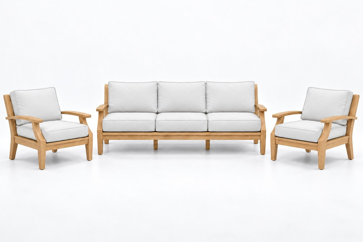 Mila Teak Outdoor Sofa Chat Set – 3 Piece in Olefin White | Jr's Patio San Diego