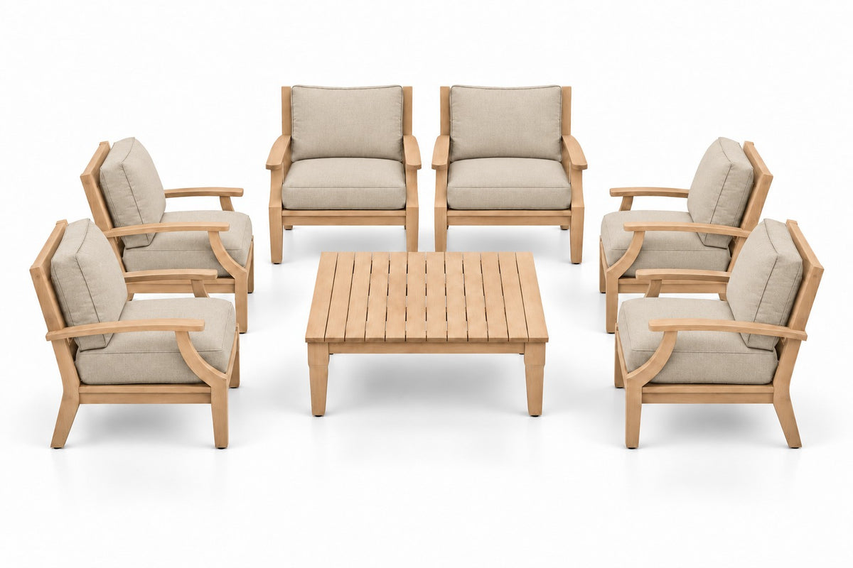 Mila Teak Outdoor Club Chair Set – 7 Piece in Olefin Beige | Jr's Patio San Diego