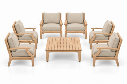 Mila Teak Outdoor Club Chair Set – 7 Piece in Olefin Beige | Jr's Patio San Diego