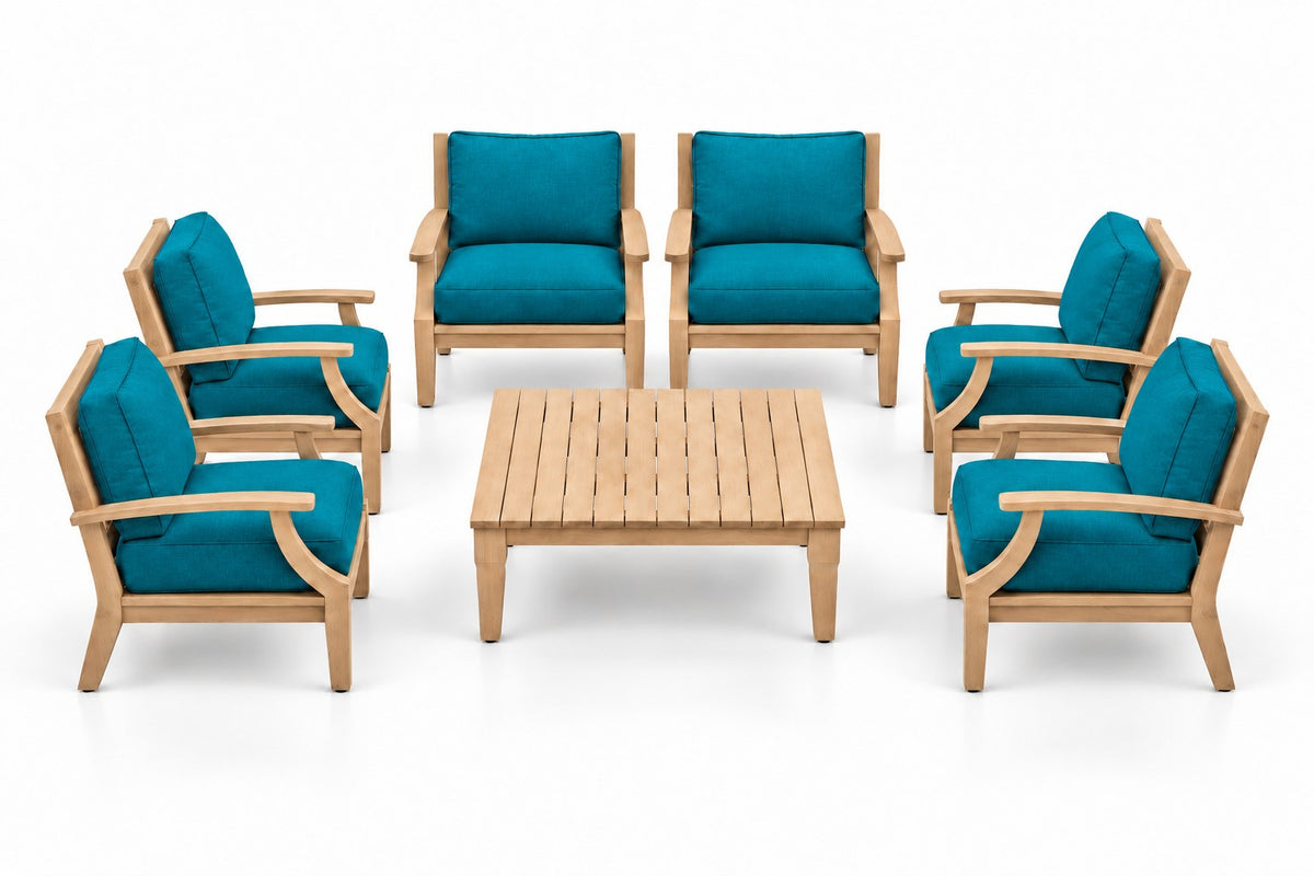 Mila Teak Outdoor Club Chair Set – 7 Piece in Olefin Blue & Green | Jr's Patio San Diego