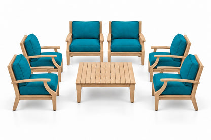 Mila Teak Outdoor Club Chair Set – 7 Piece in Olefin Blue & Green | Jr's Patio San Diego