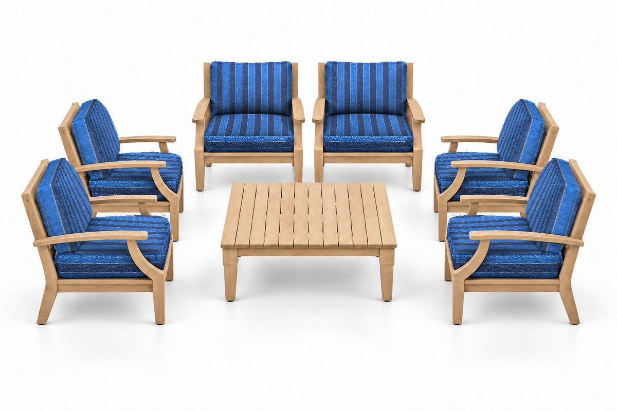 Mila Teak Outdoor Club Chair Set – 7 Piece in Olefin Blue Stripe | Jr's Patio San Diego