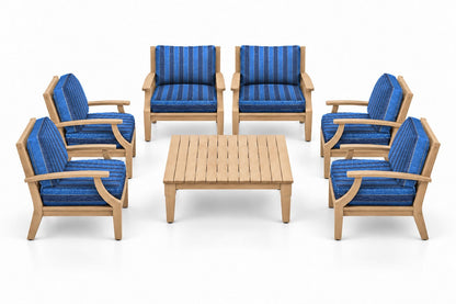 Mila Teak Outdoor Club Chair Set – 7 Piece in Olefin Blue Stripe | Jr's Patio San Diego