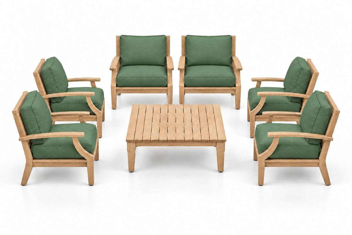 Mila Teak Outdoor Club Chair Set – 7 Piece in Olefin Green | Jr's Patio San Diego