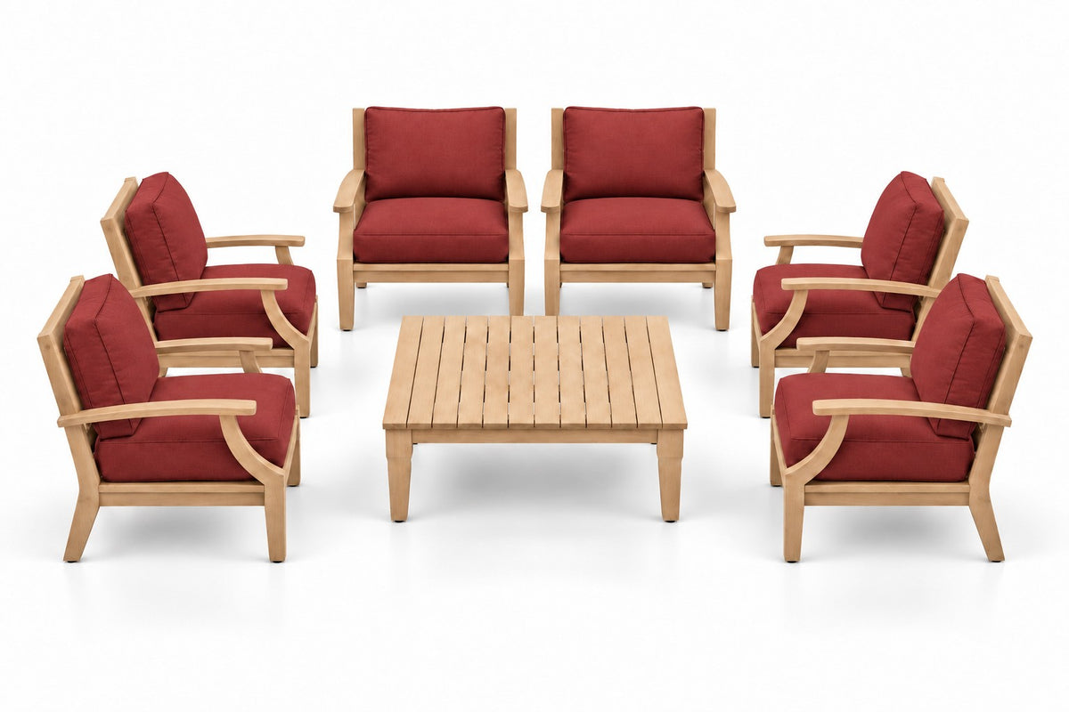 Mila Teak Outdoor Club Chair Set – 7 Piece in Olefin Red | Jr's Patio San Diego