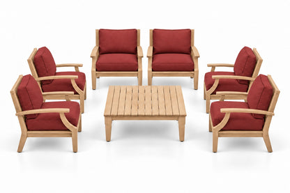 Mila Teak Outdoor Club Chair Set – 7 Piece in Olefin Red | Jr's Patio San Diego