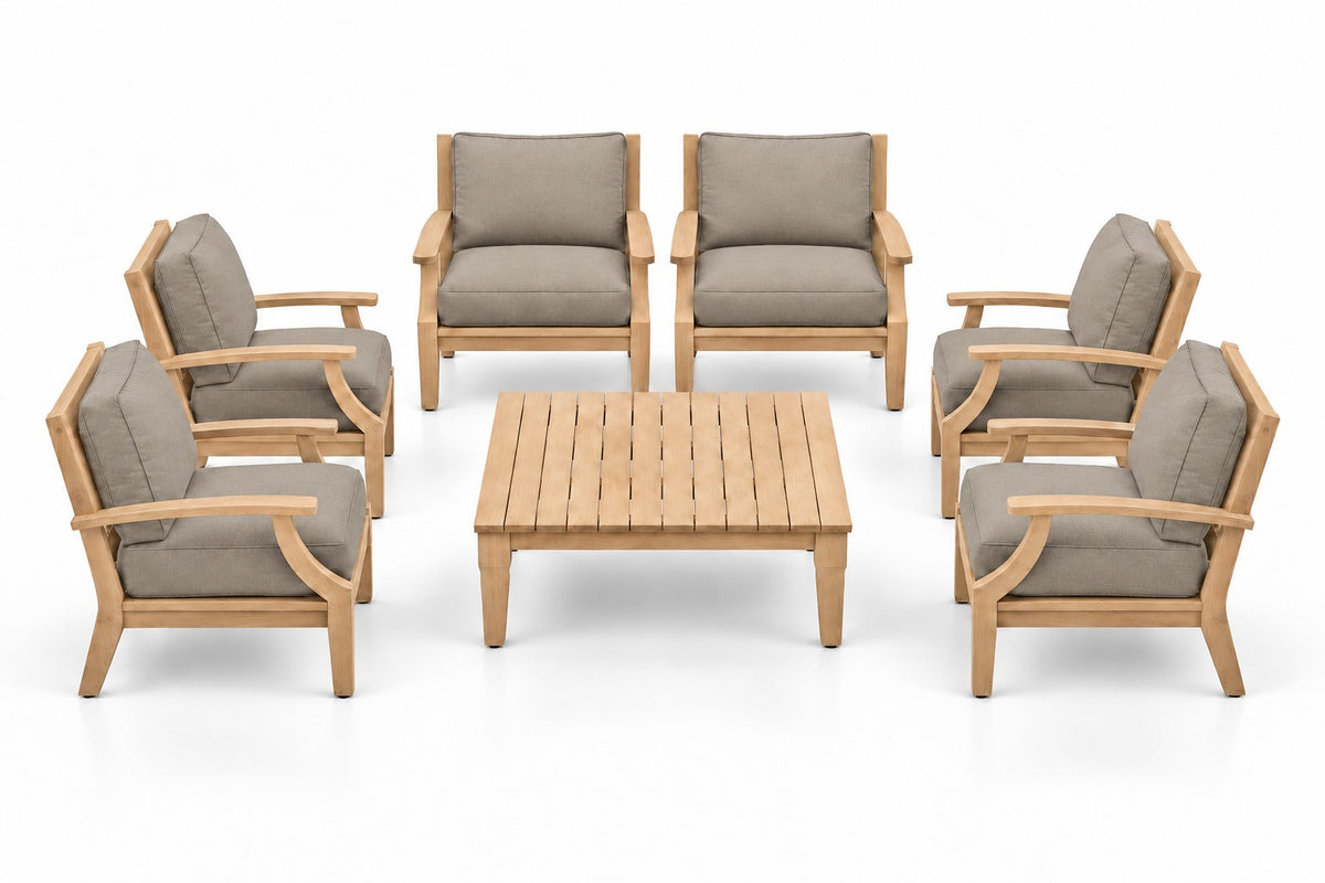 Mila Teak Outdoor Club Chair Set – 7 Piece in Olefin Tan & Brown | Jr's Patio San Diego