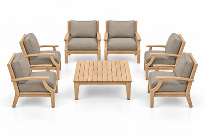 Mila Teak Outdoor Club Chair Set – 7 Piece in Olefin Tan & Brown | Jr's Patio San Diego