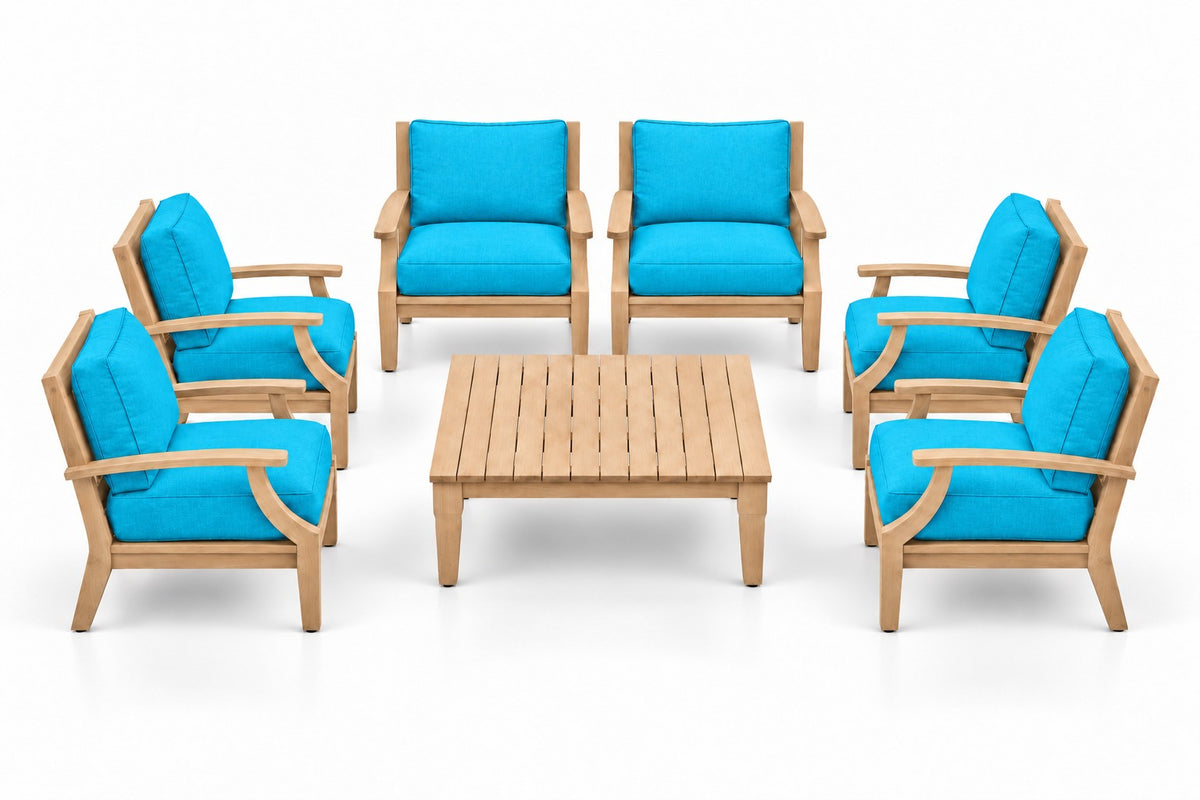 Mila Teak Outdoor Club Chair Set – 7 Piece in Olefin Turquoise | Jr's Patio San Diego