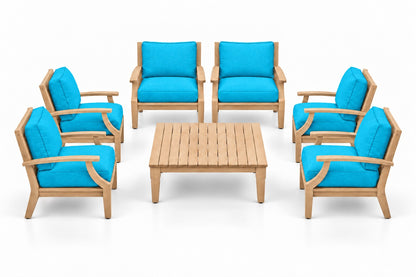 Mila Teak Outdoor Club Chair Set – 7 Piece in Olefin Turquoise | Jr's Patio San Diego
