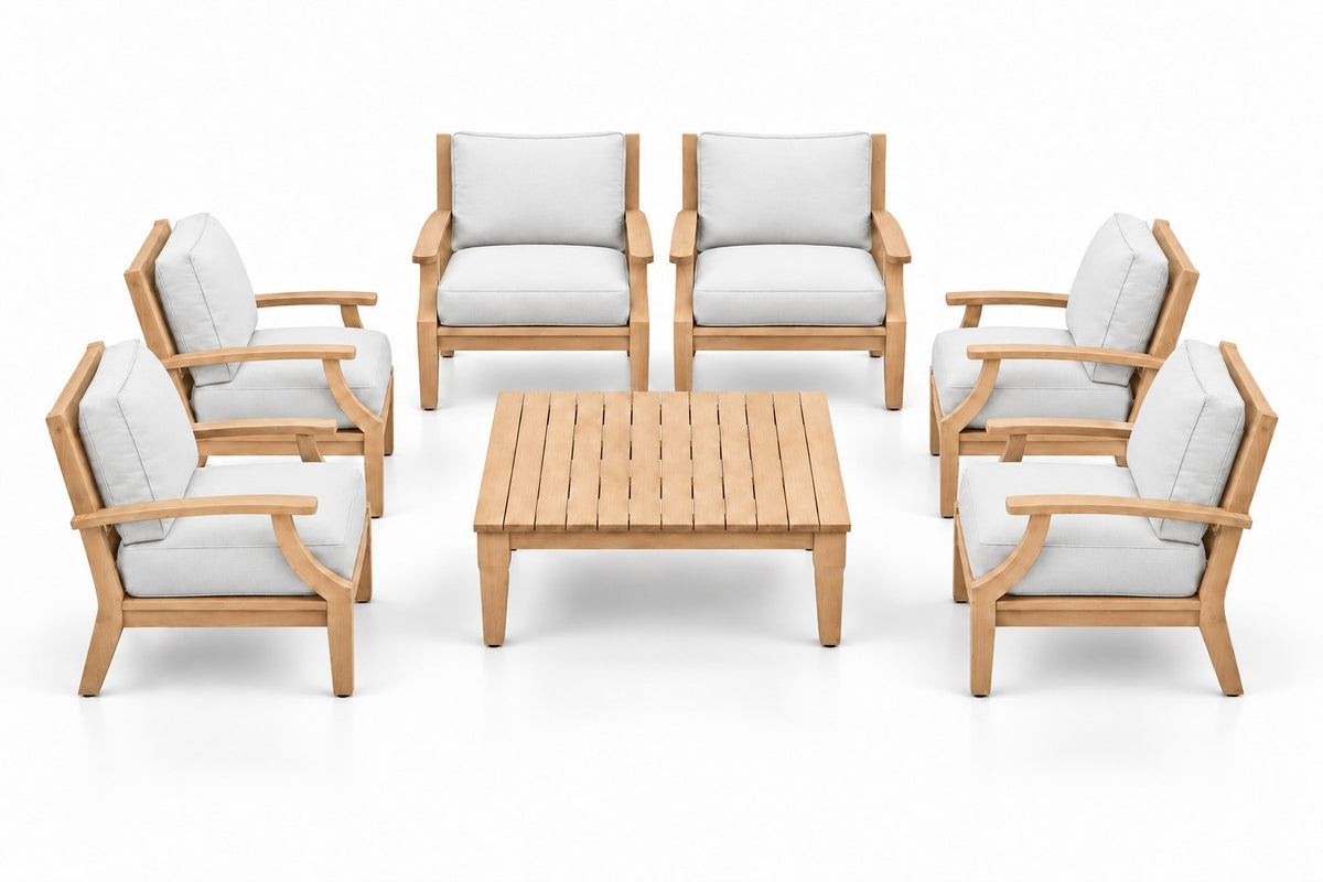 Mila Teak Outdoor Club Chair Set – 7 Piece in Olefin White | Jr's Patio San Diego