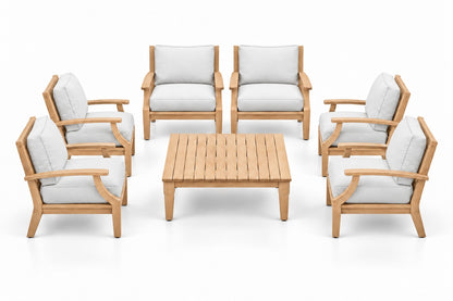 Mila Teak Outdoor Club Chair Set – 7 Piece in Olefin White | Jr's Patio San Diego
