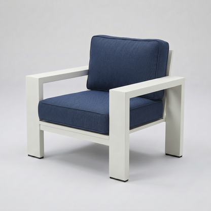 Kai Aluminum Club Chair – Beige frame – Sunbrella 48085 Spectrum Indigo