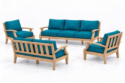 Mila Teak Outdoor Sofa & Loveseat Conversation Set – 4 Piece in Olefin Blue & Green | Jr's Patio San Diego